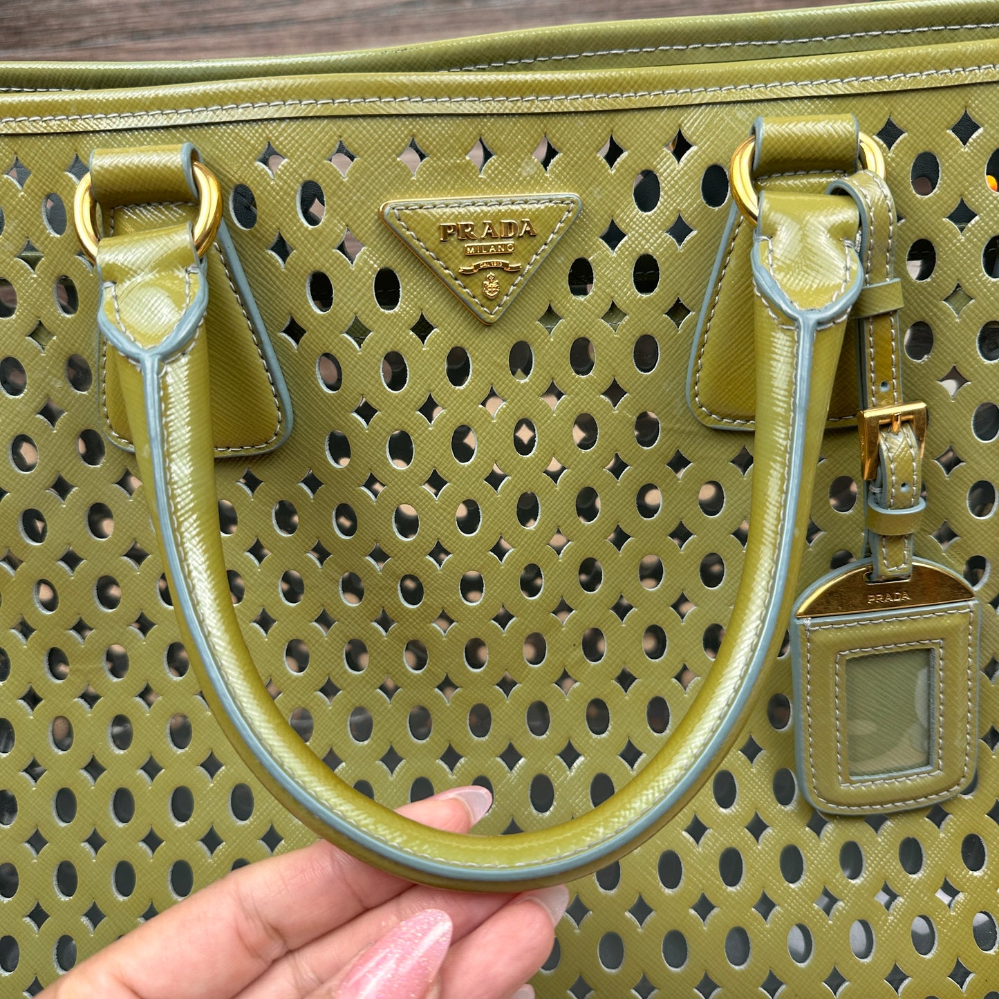 Prada Pistachio Green Saffiano Peforated Handbag