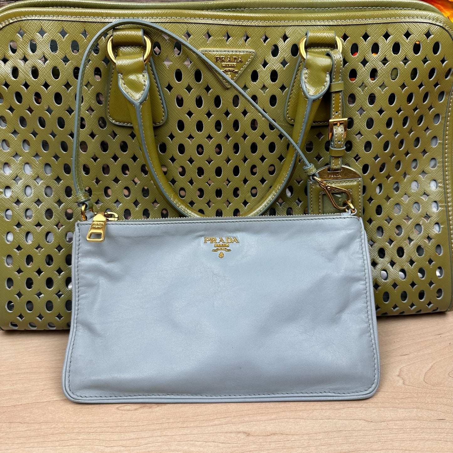 Prada Pistachio Green Saffiano Peforated Handbag