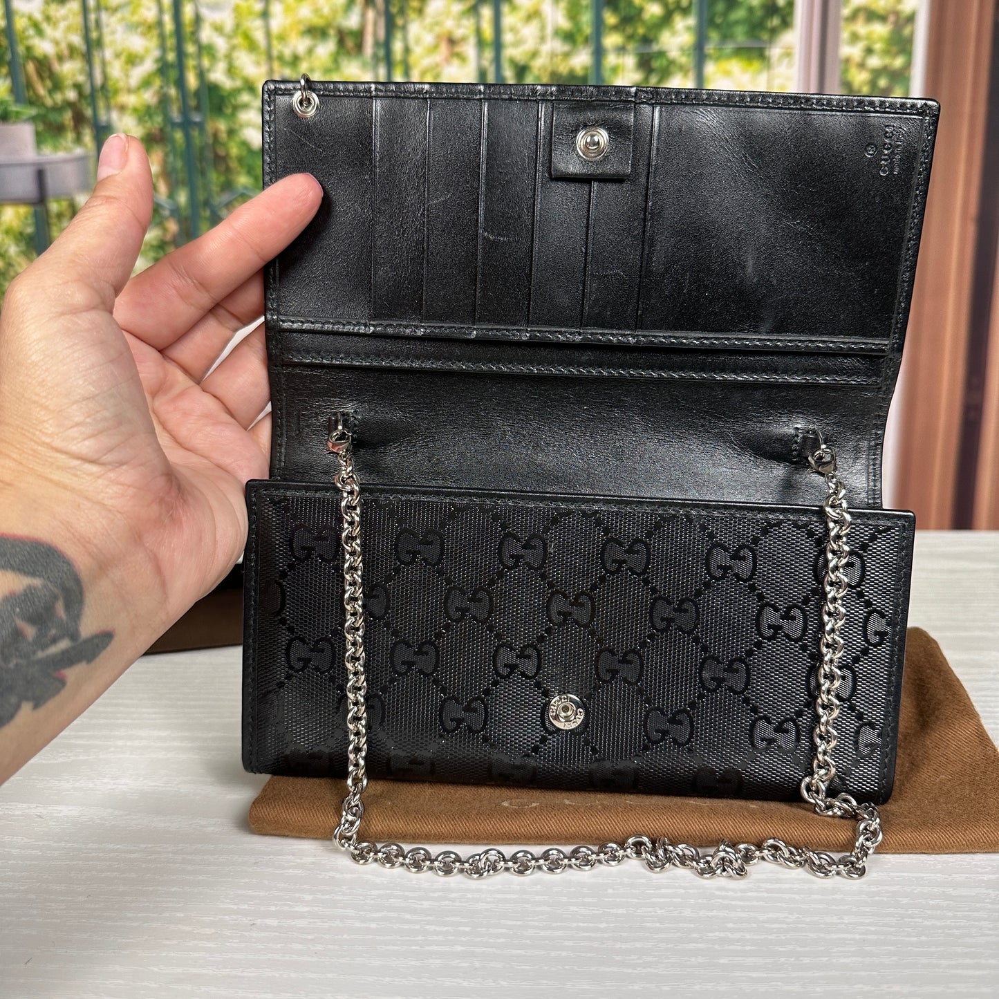 Gucci Black GG Imprime Coated Canvas Wallet on Chain