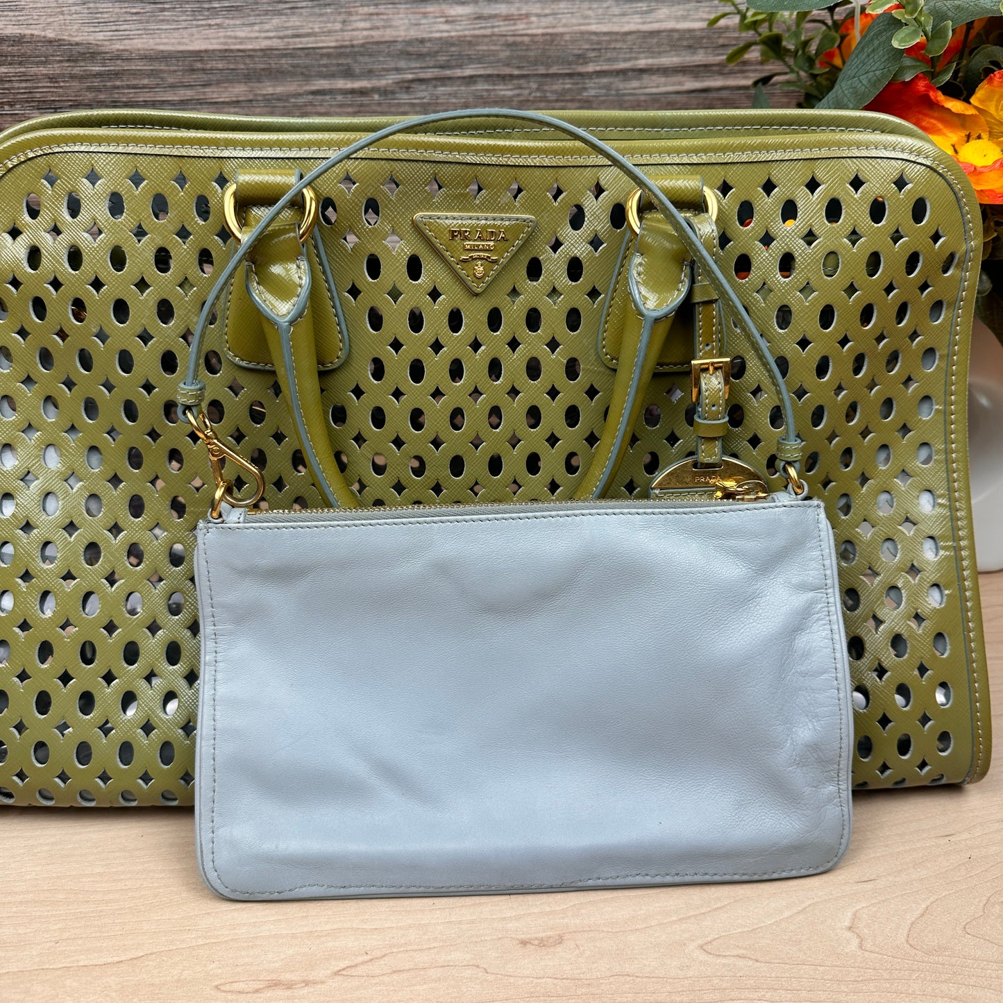 Prada Pistachio Green Saffiano Peforated Handbag