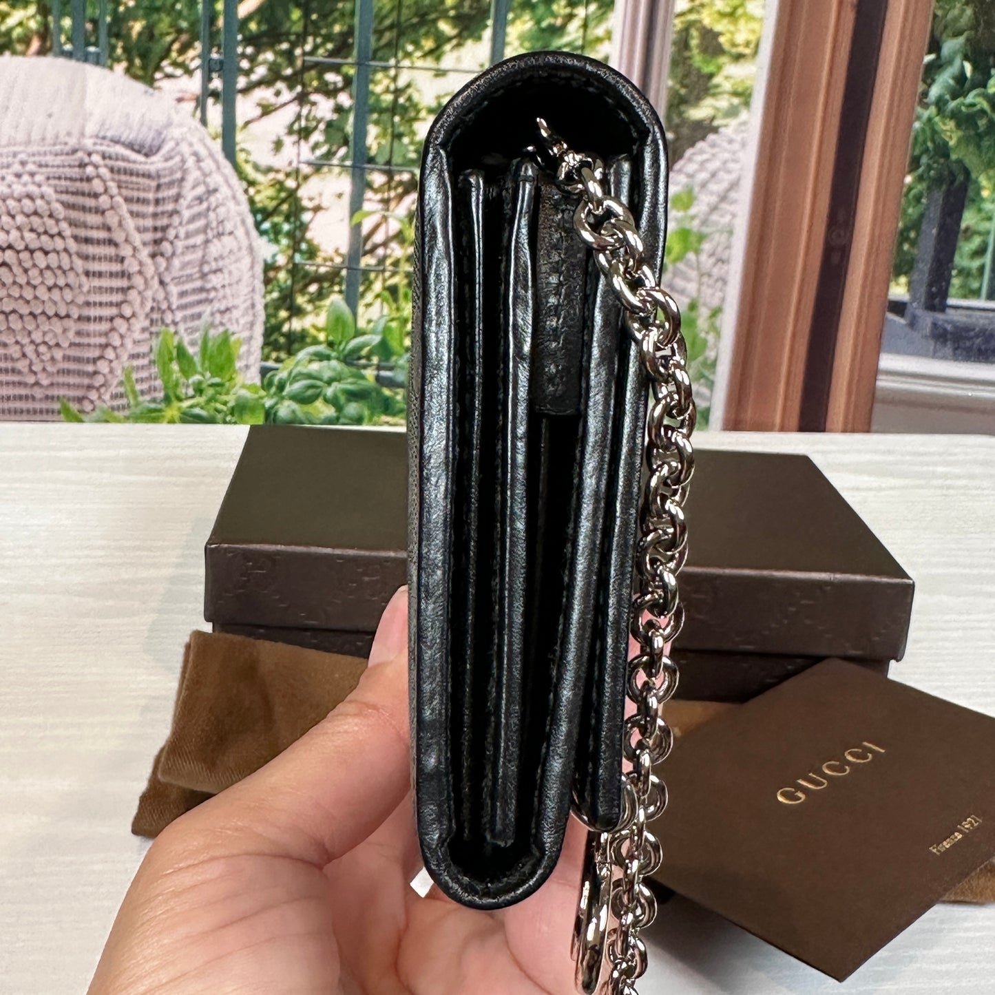 Gucci Black GG Imprime Coated Canvas Wallet on Chain