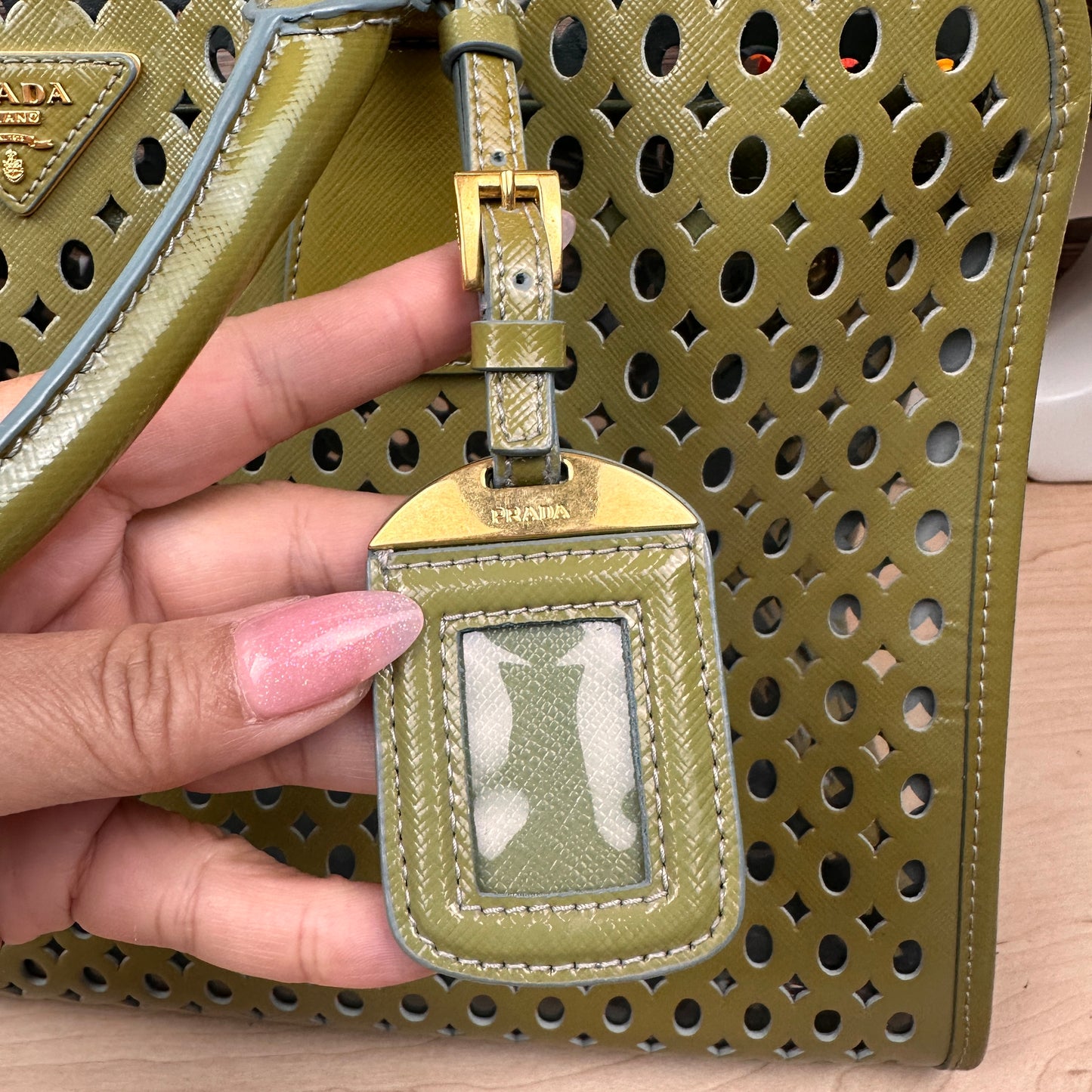 Prada Pistachio Green Saffiano Peforated Handbag