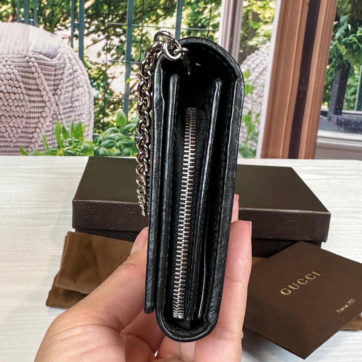 Gucci Black GG Imprime Coated Canvas Wallet on Chain