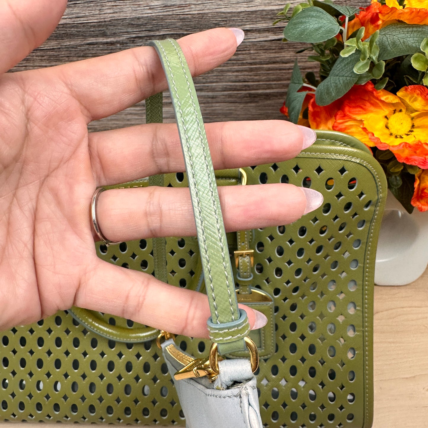 Prada Pistachio Green Saffiano Peforated Handbag