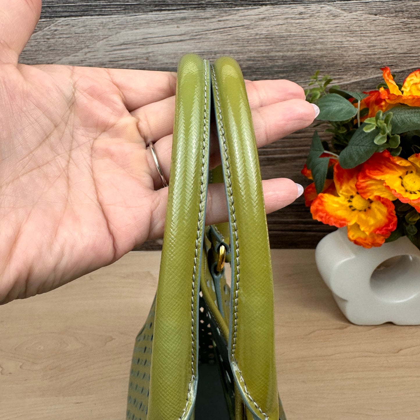 Prada Pistachio Green Saffiano Peforated Handbag
