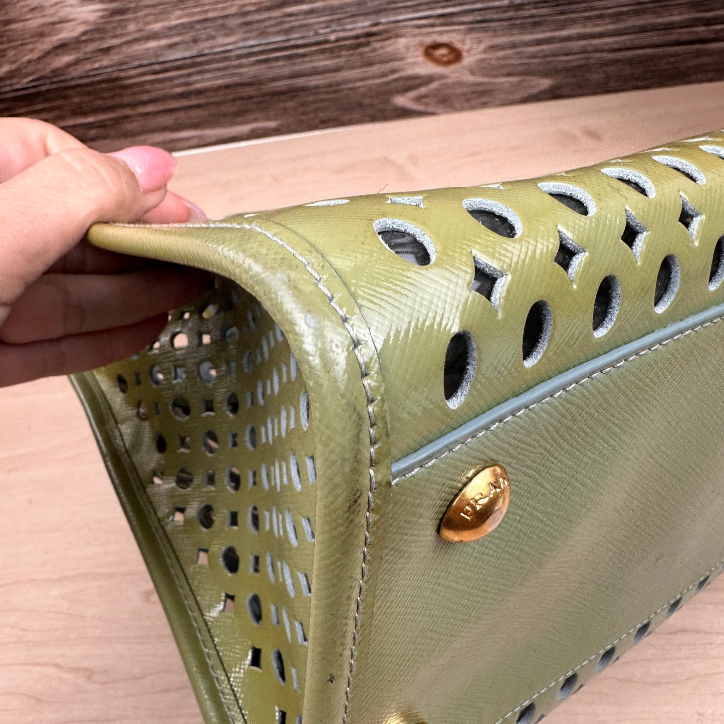 Prada Pistachio Green Saffiano Peforated Handbag
