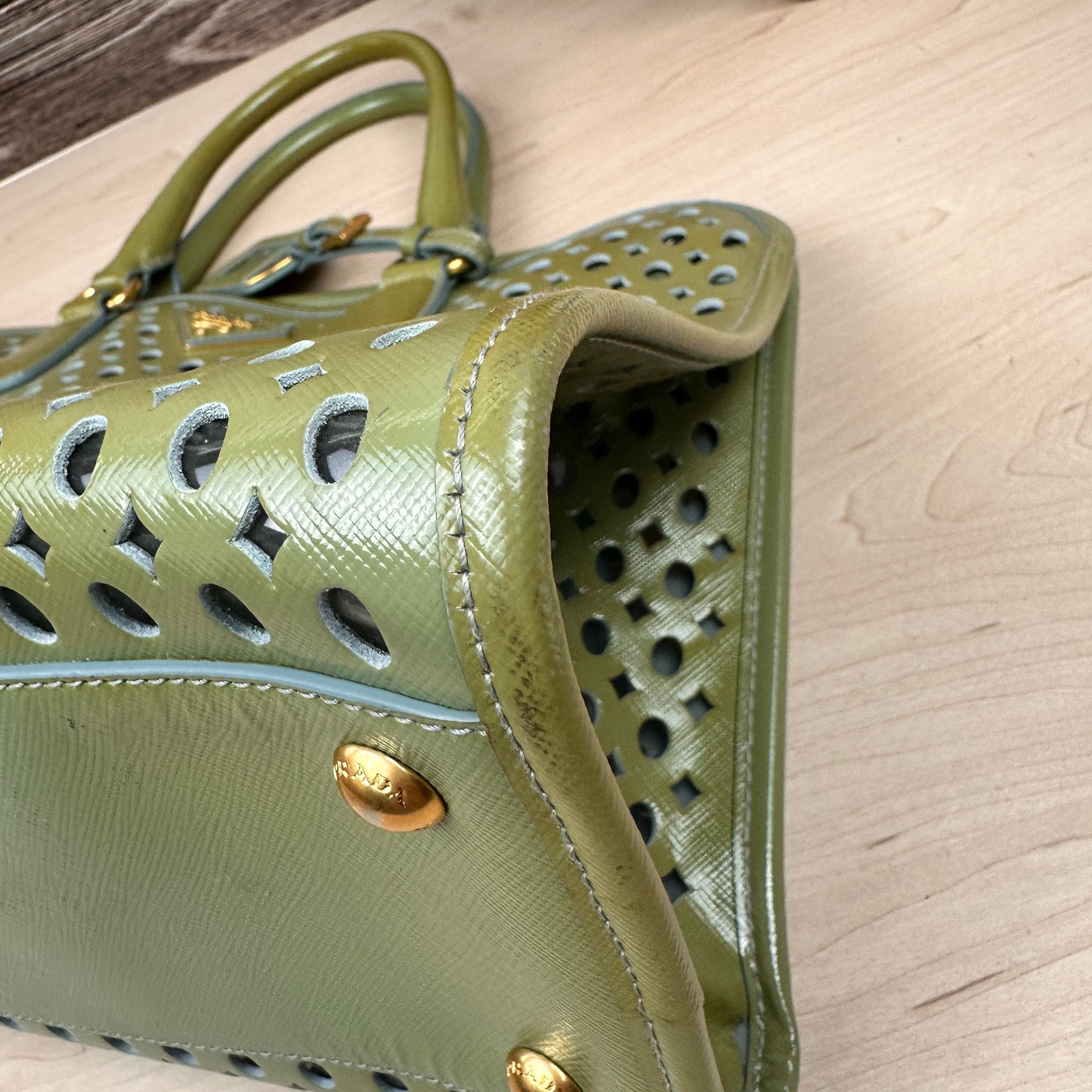 Prada Pistachio Green Saffiano Peforated Handbag
