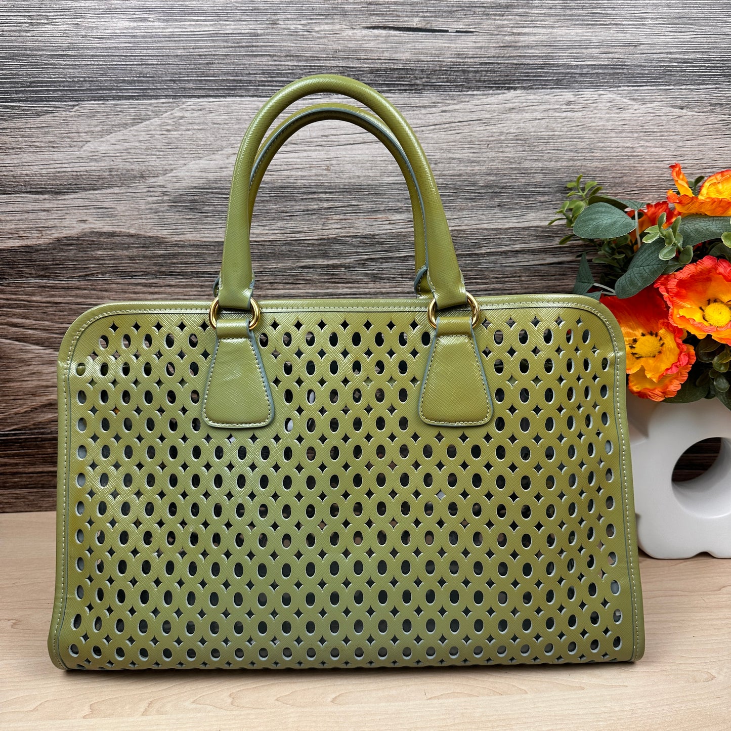 Prada Pistachio Green Saffiano Peforated Handbag