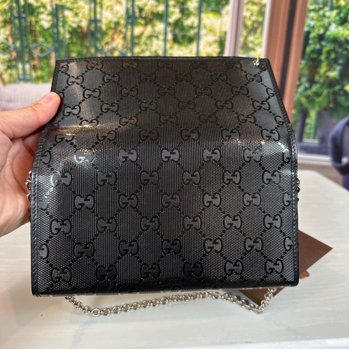 Gucci Black GG Imprime Coated Canvas Wallet on Chain