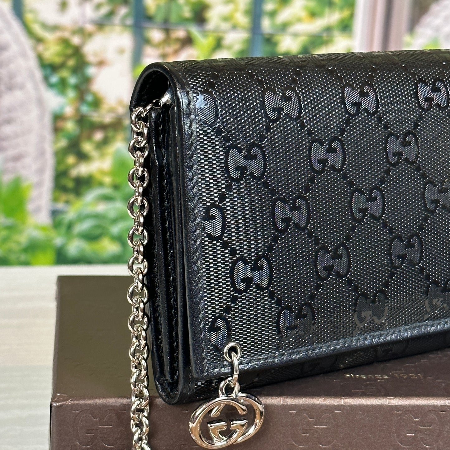 Gucci Black GG Imprime Coated Canvas Wallet on Chain