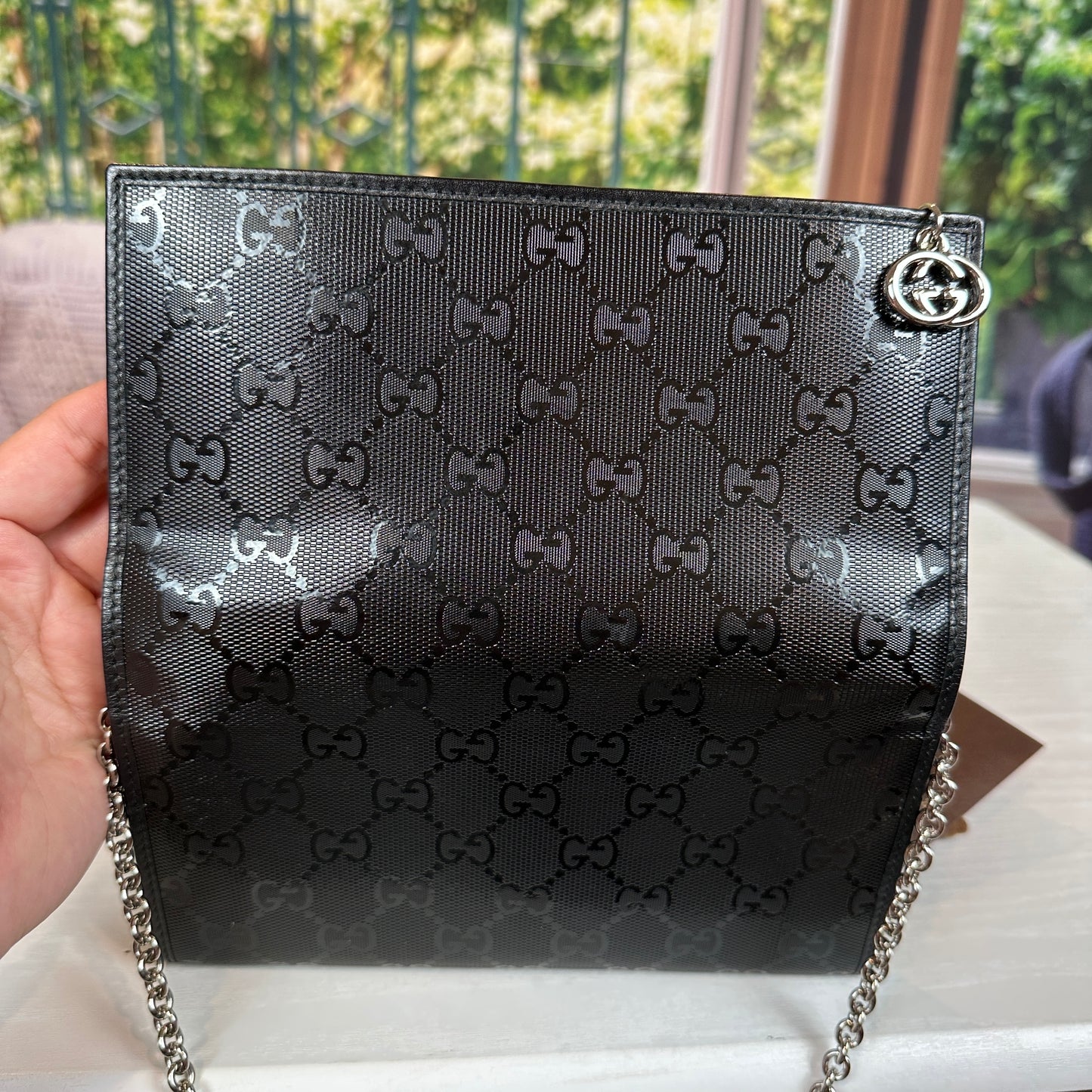 Gucci Black GG Imprime Coated Canvas Wallet on Chain