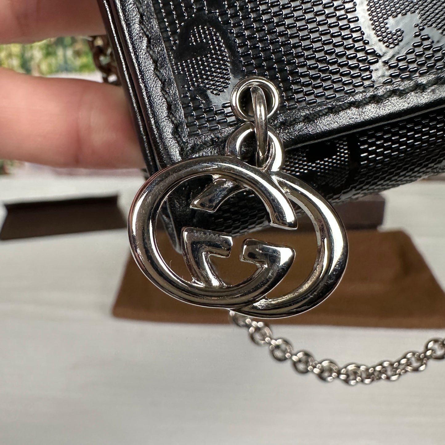 Gucci Black GG Imprime Coated Canvas Wallet on Chain