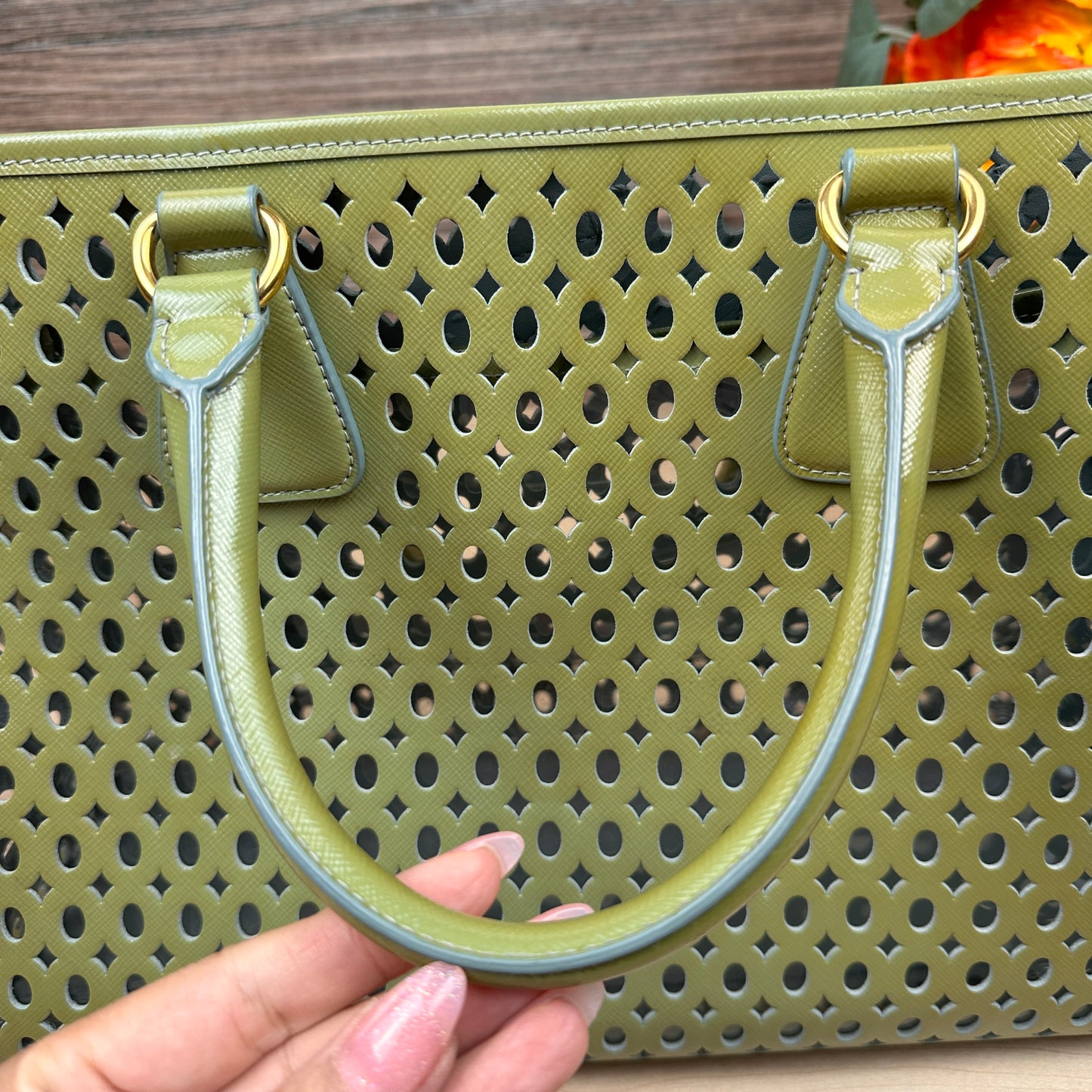 Prada Pistachio Green Saffiano Peforated Handbag