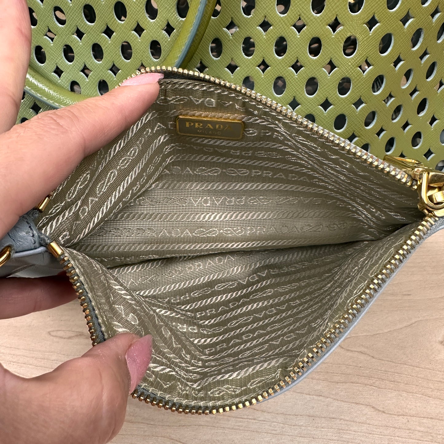 Prada Pistachio Green Saffiano Peforated Handbag