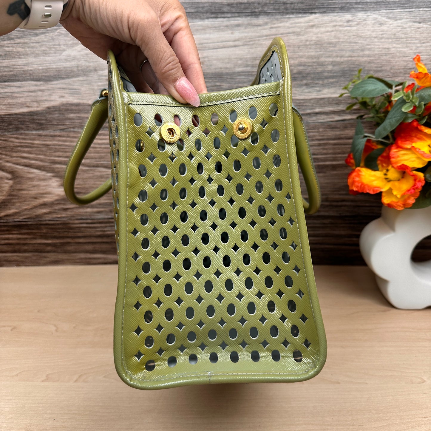 Prada Pistachio Green Saffiano Peforated Handbag