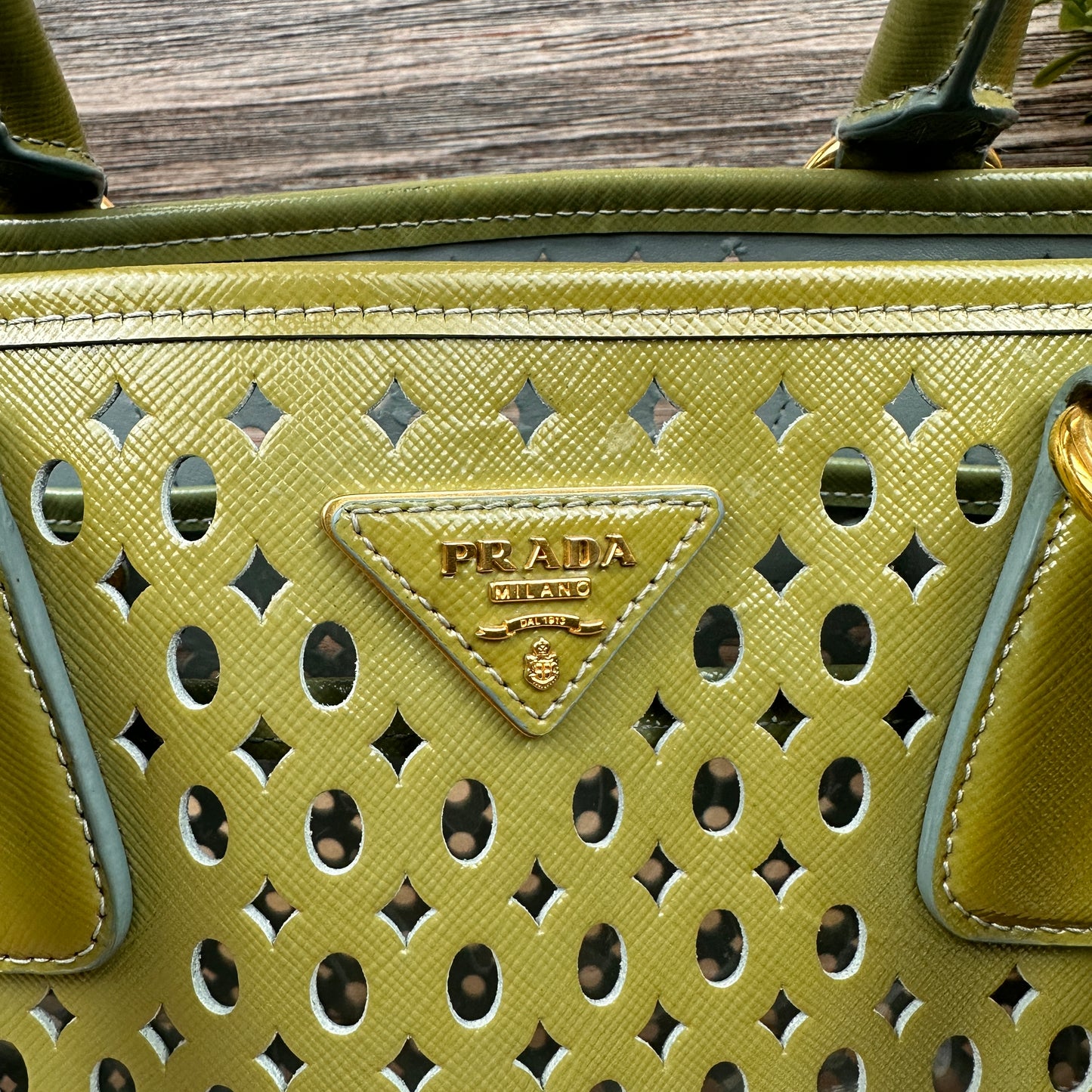 Prada Pistachio Green Saffiano Peforated Handbag