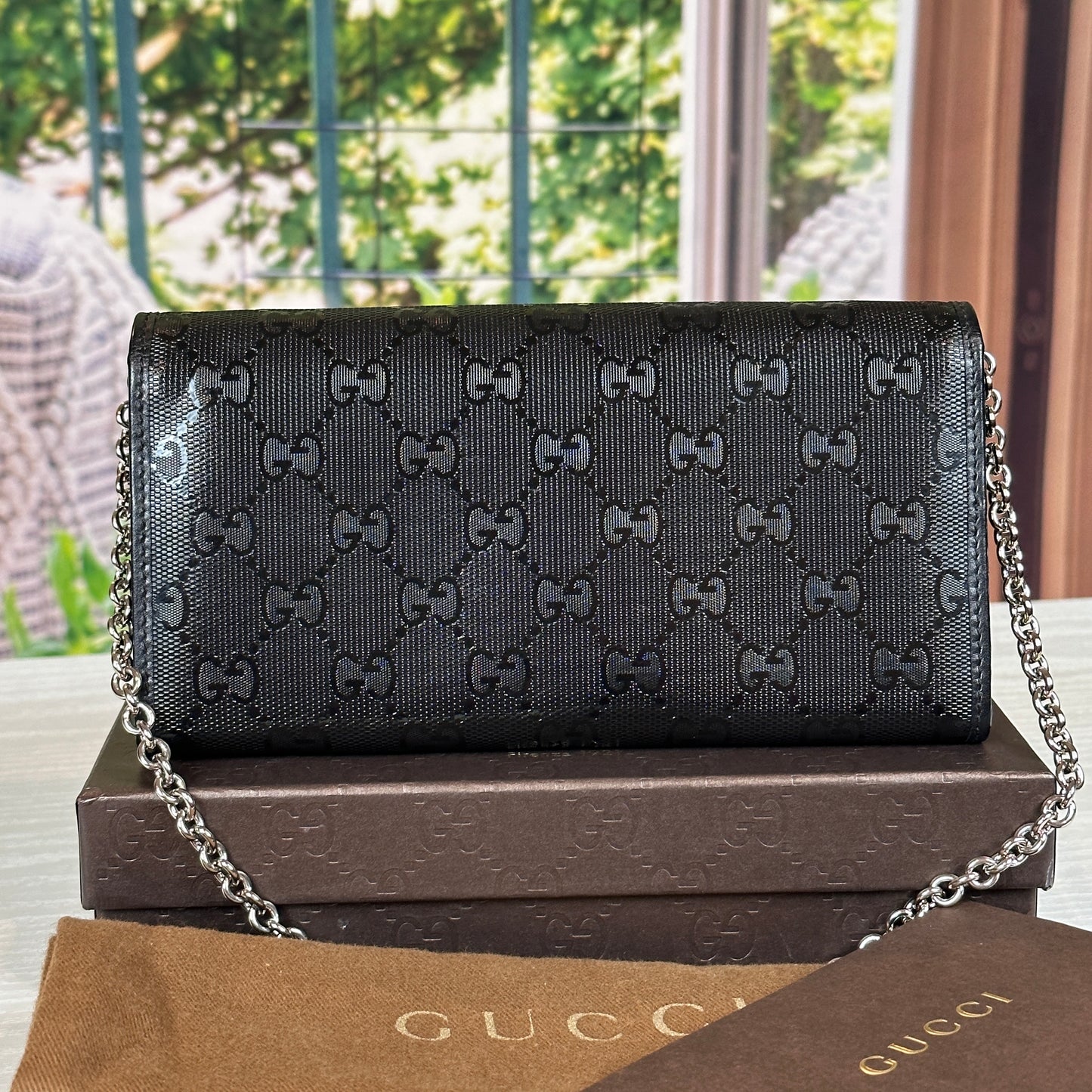 Gucci Black GG Imprime Coated Canvas Wallet on Chain