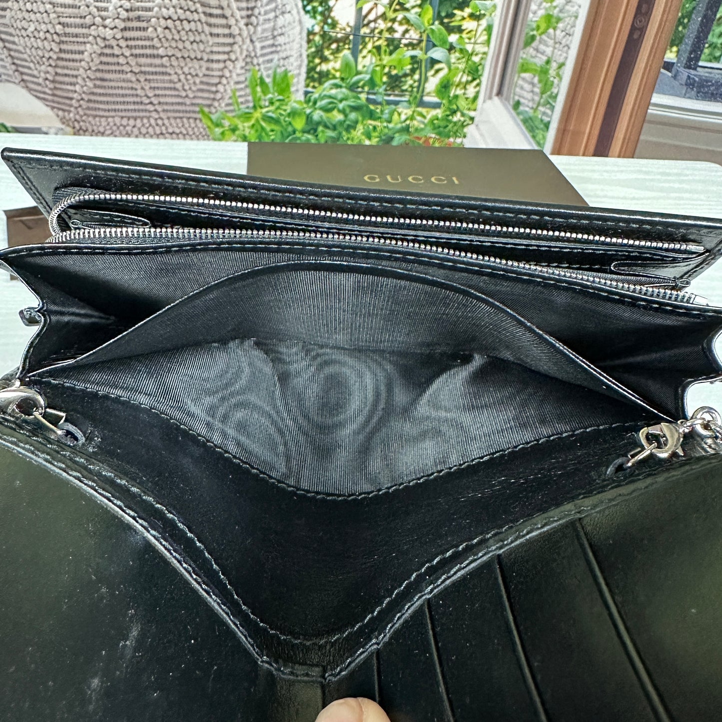 Gucci Black GG Imprime Coated Canvas Wallet on Chain