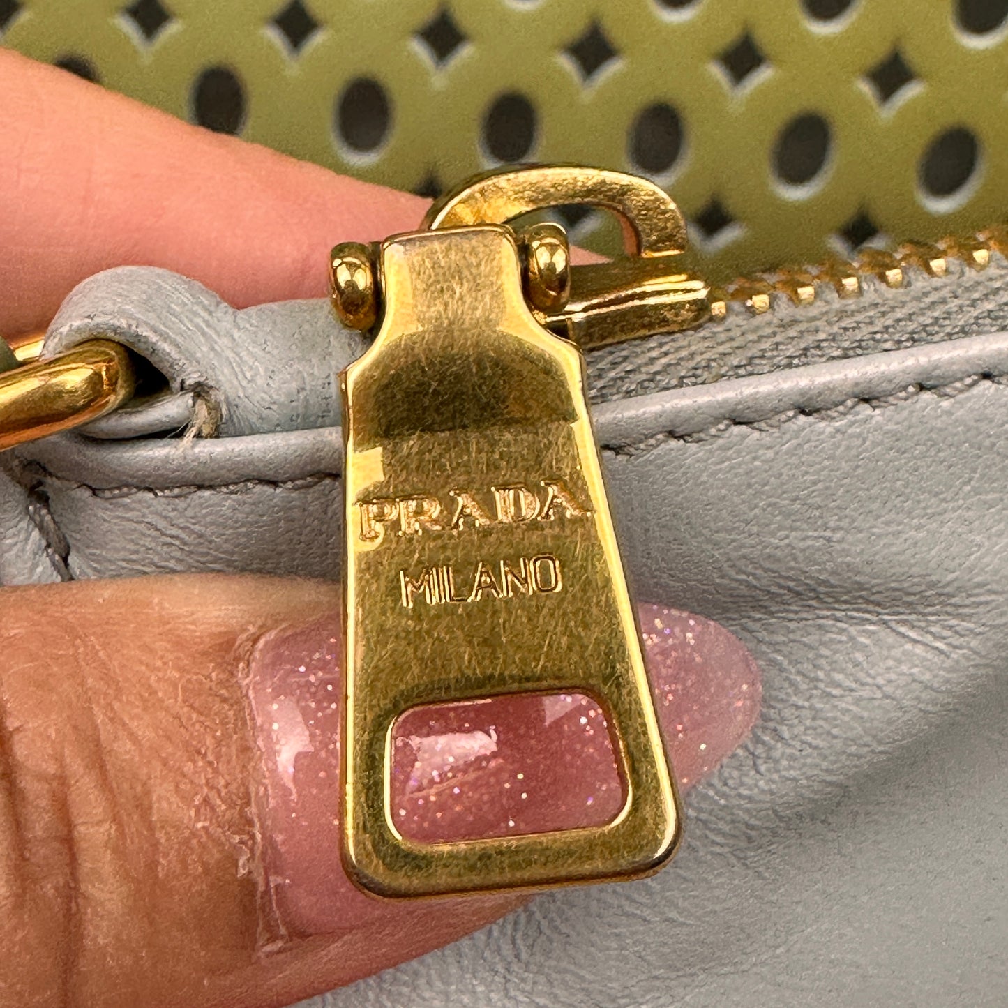 Prada Pistachio Green Saffiano Peforated Handbag