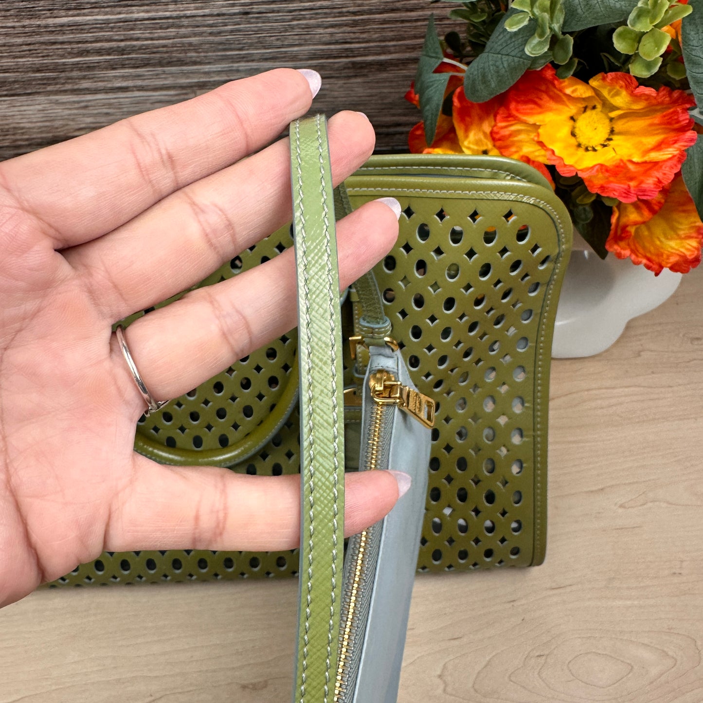 Prada Pistachio Green Saffiano Peforated Handbag