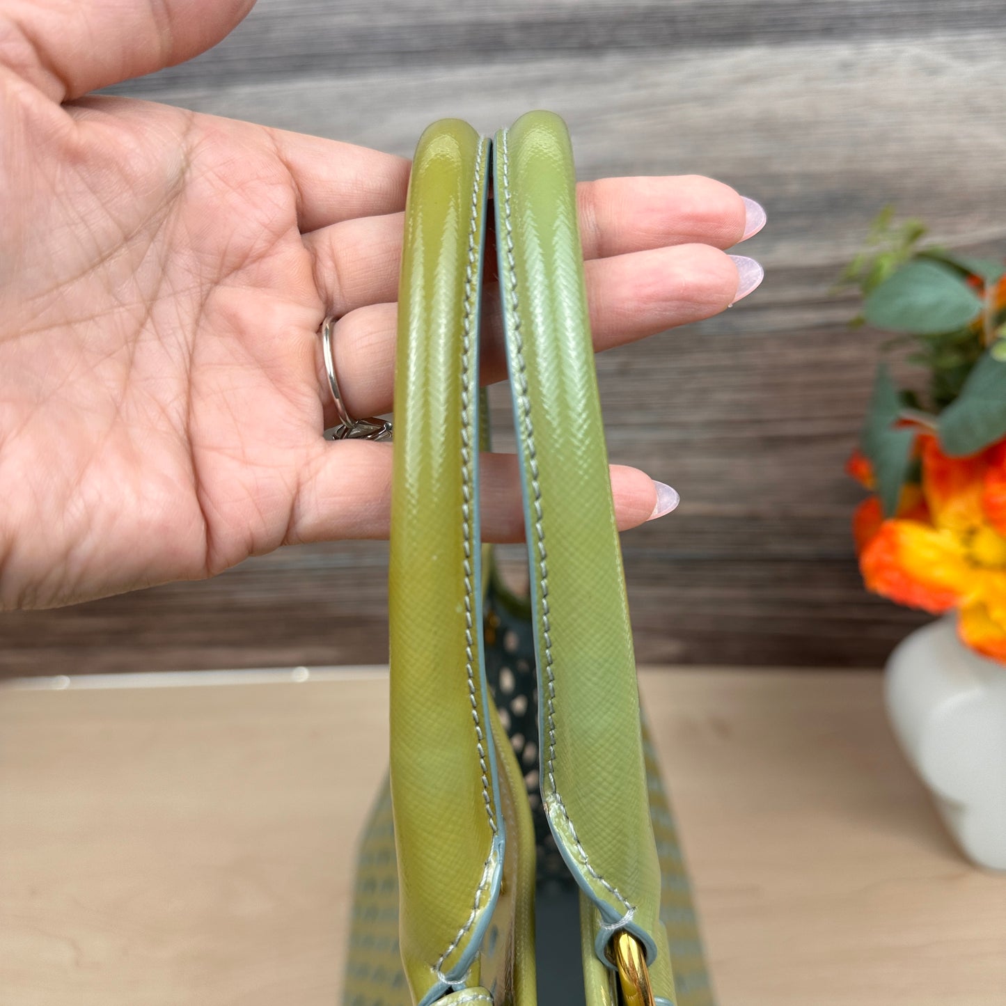 Prada Pistachio Green Saffiano Peforated Handbag