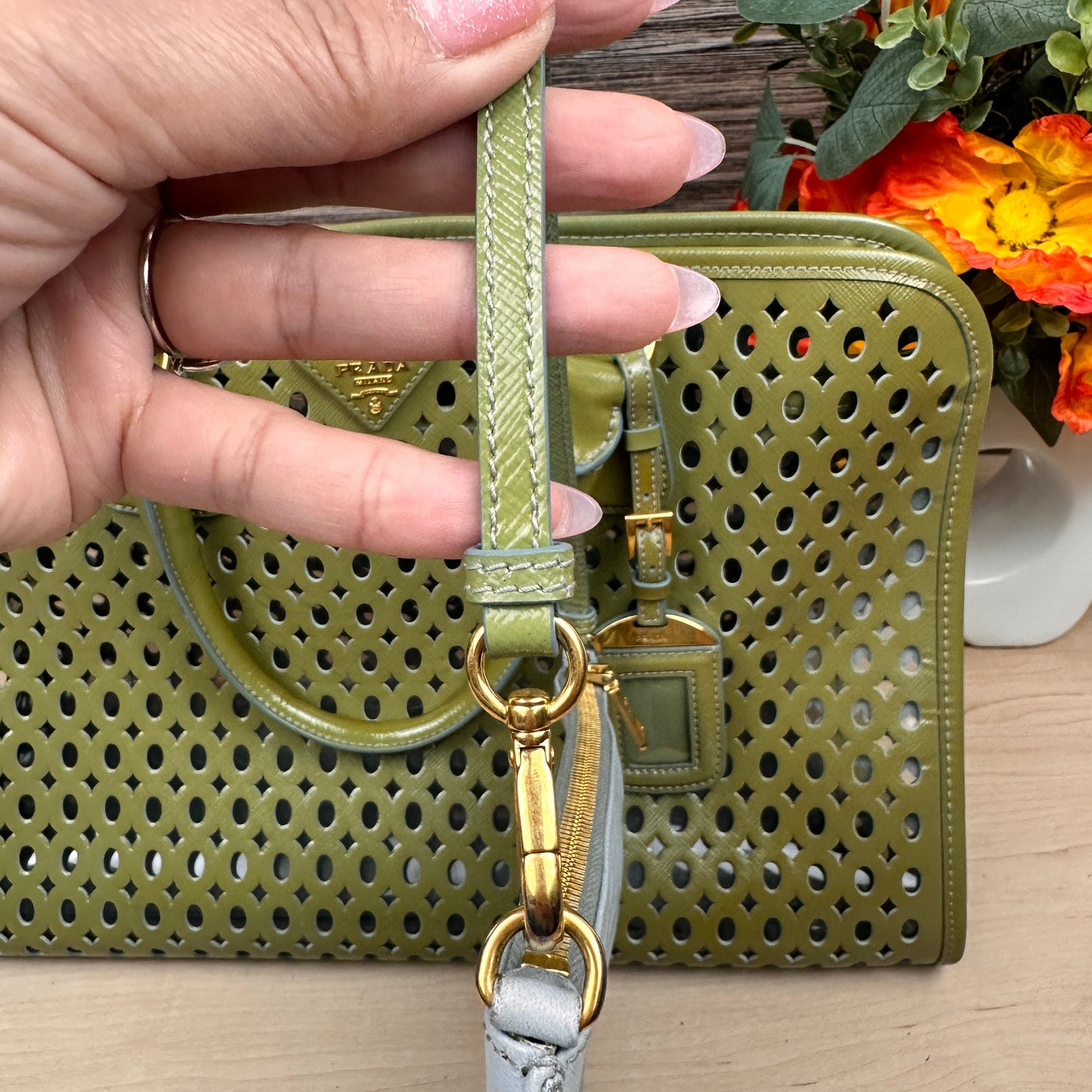 Prada Pistachio Green Saffiano Peforated Handbag