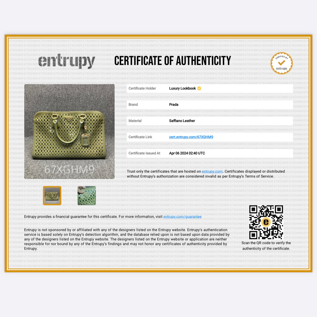 Prada Pistachio Green Saffiano Peforated Handbag