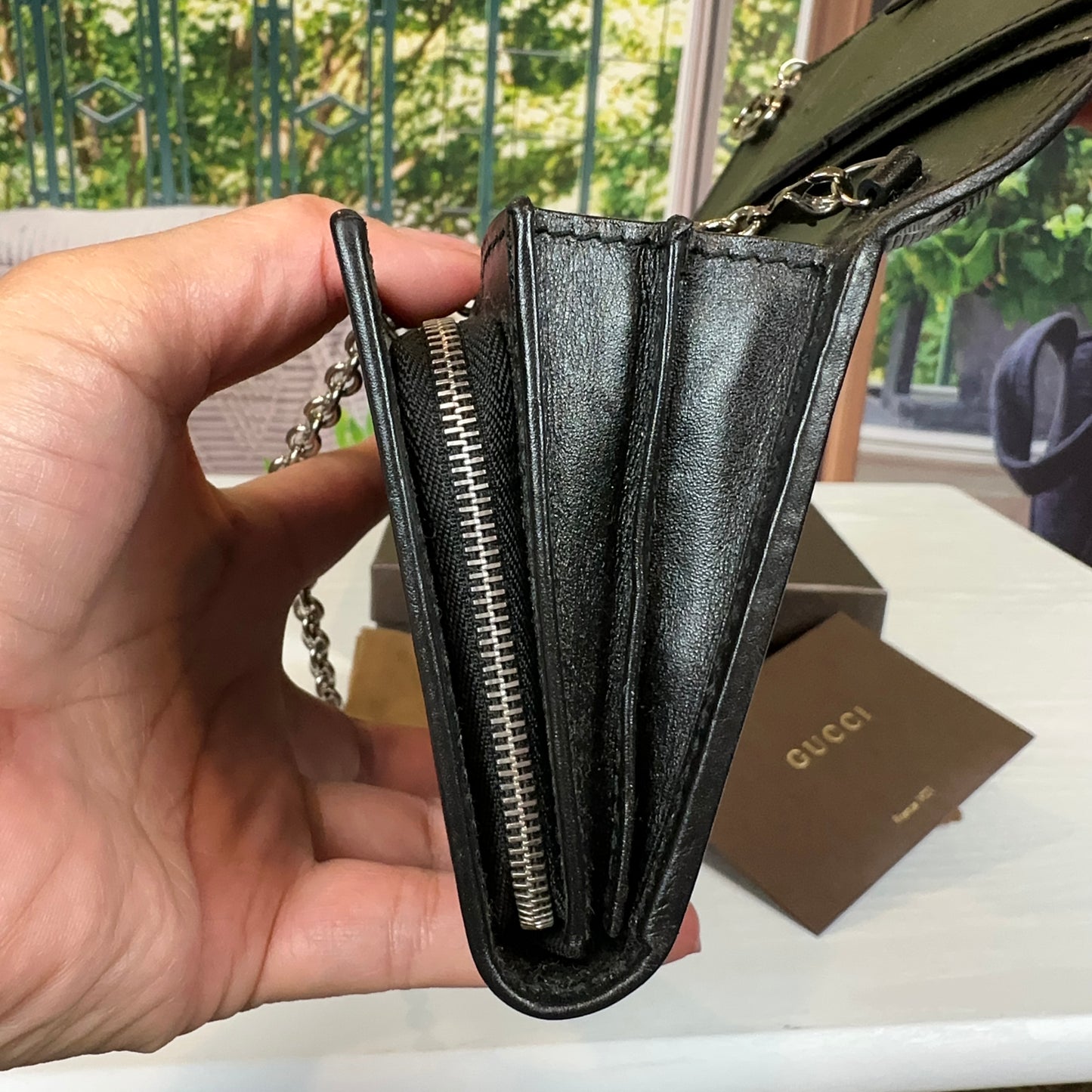 Gucci Black GG Imprime Coated Canvas Wallet on Chain