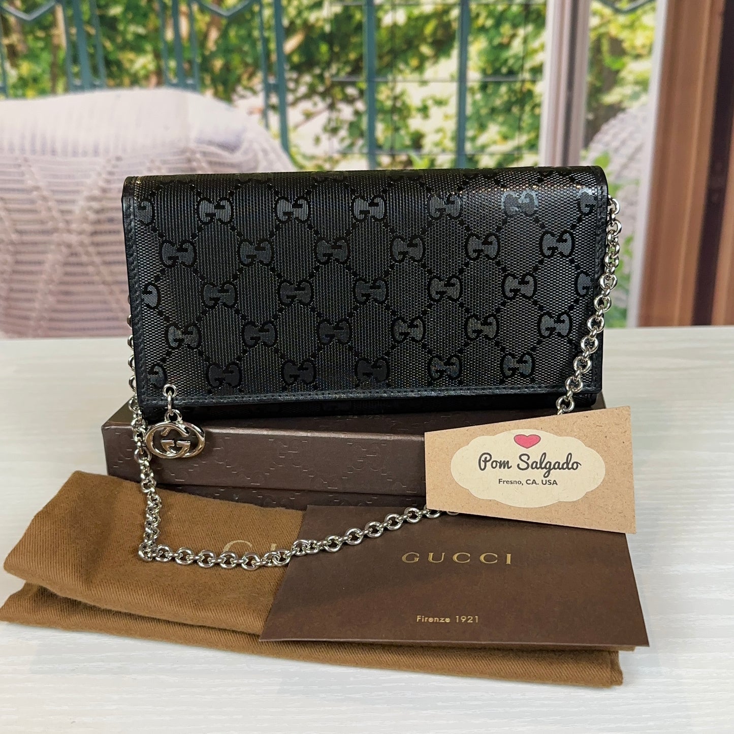 Gucci Black GG Imprime Coated Canvas Wallet on Chain