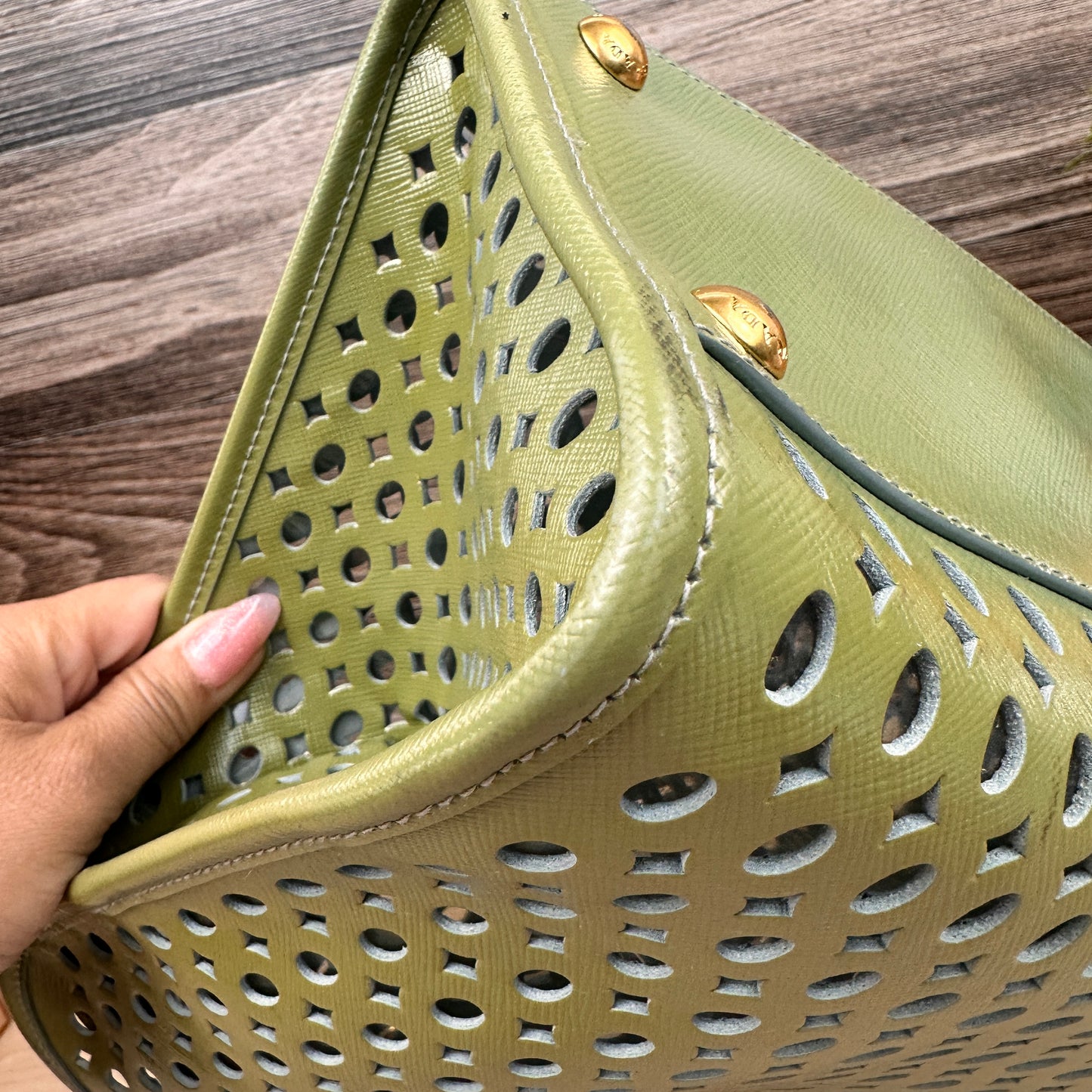 Prada Pistachio Green Saffiano Peforated Handbag