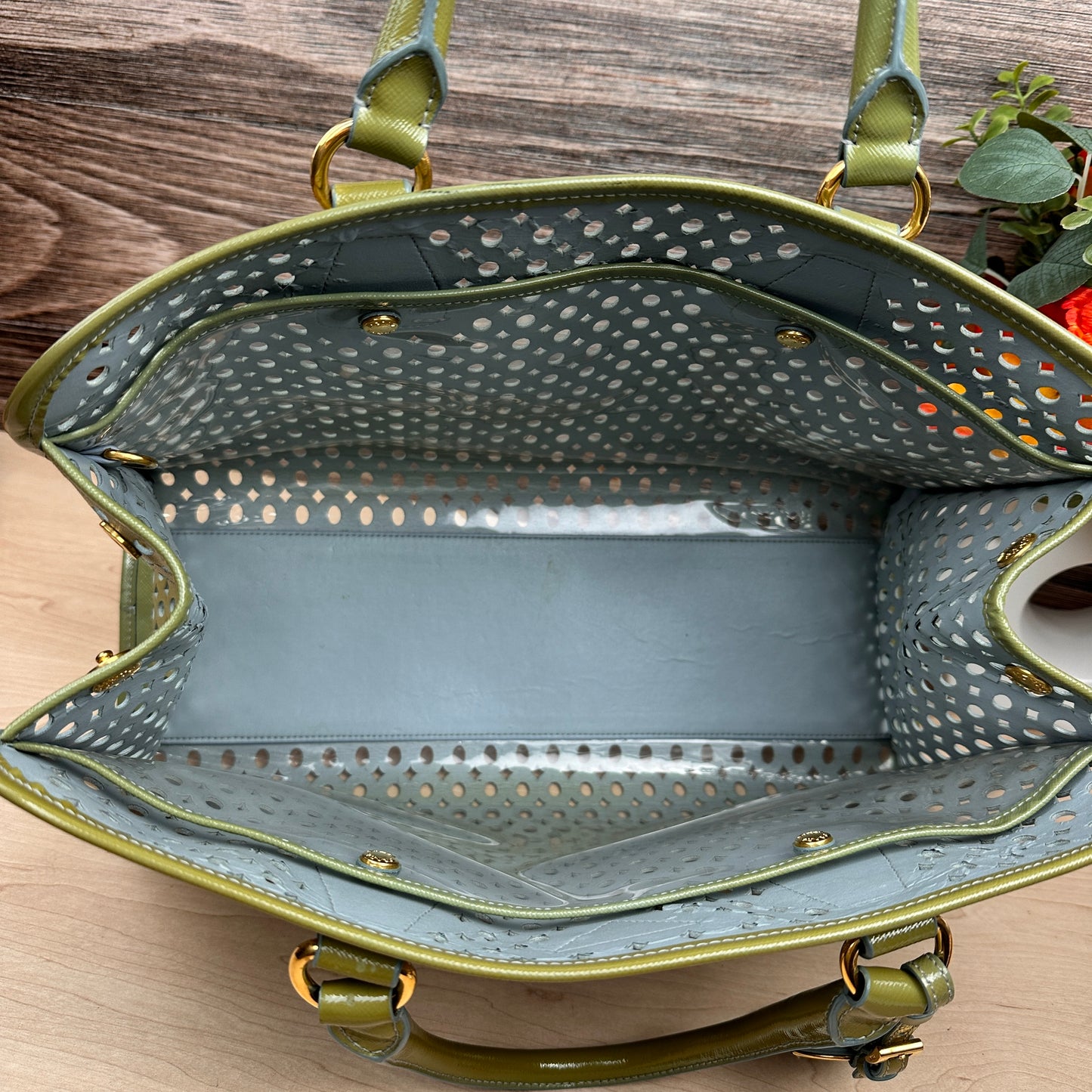 Prada Pistachio Green Saffiano Peforated Handbag