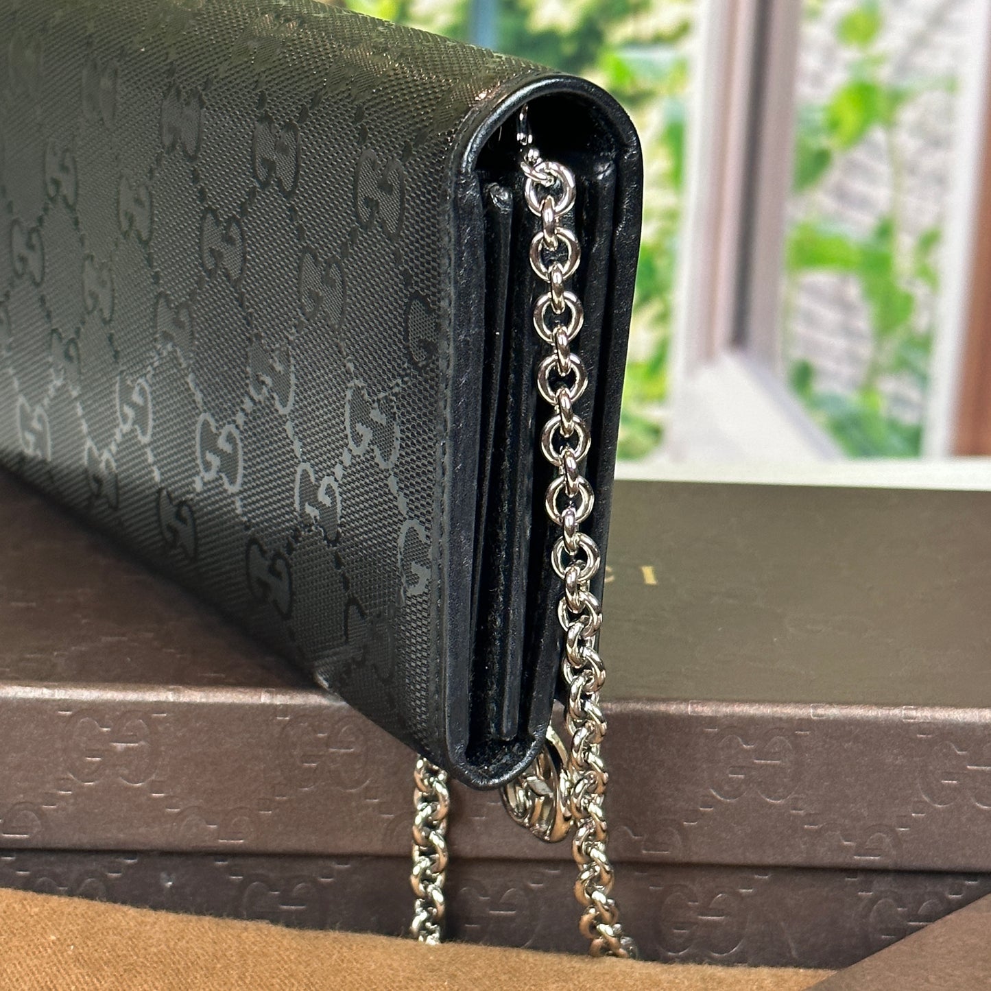 Gucci Black GG Imprime Coated Canvas Wallet on Chain