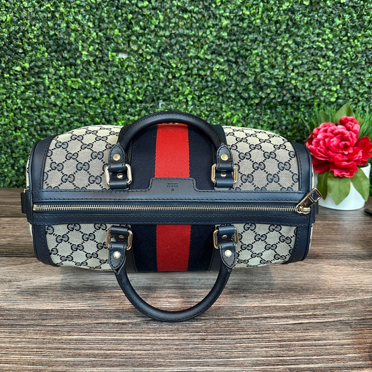Gucci Vintage Web Medium Boston Bag in Navy Blue