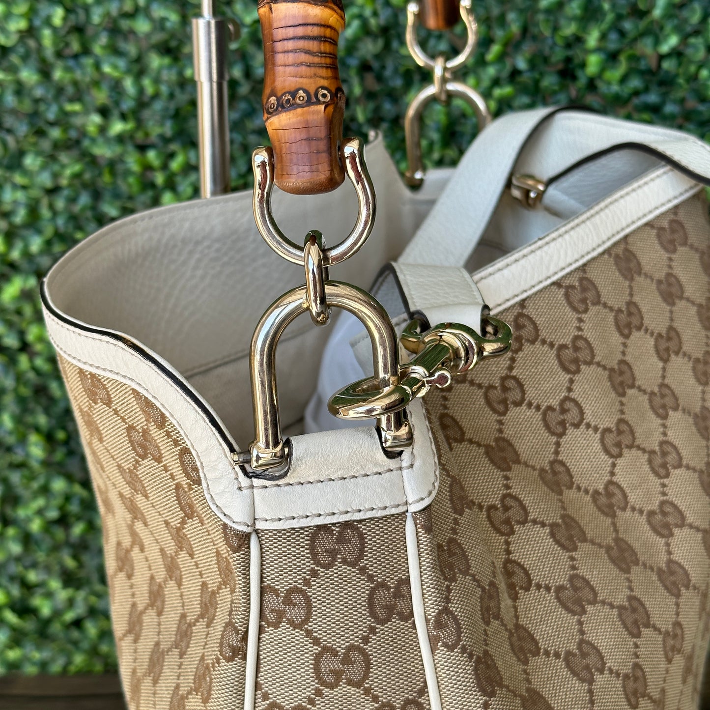 GUCCI Monogram Medium Diana Bamboo Shoulder Bag Off White with Strap