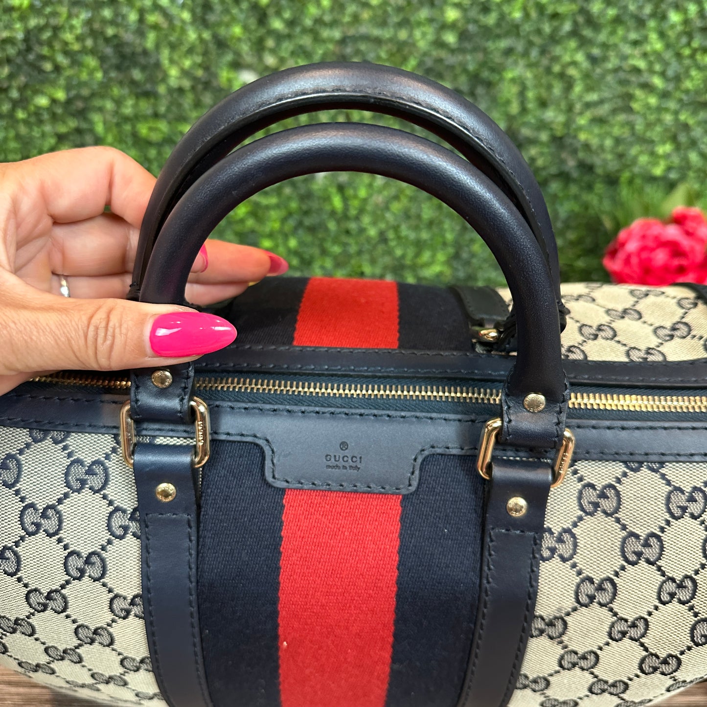 Gucci Vintage Web Medium Boston Bag in Navy Blue