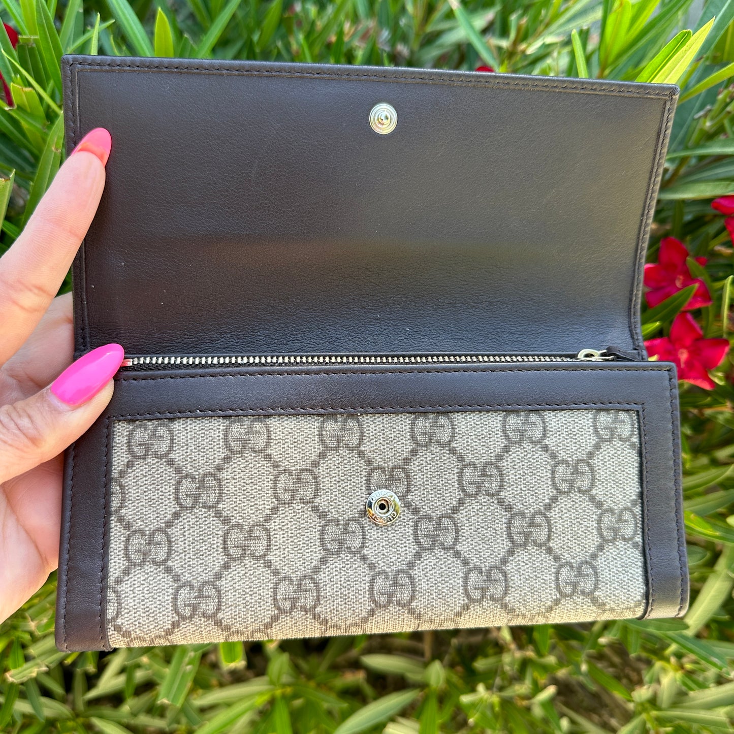 Gucci Coated Canvas Script Continental Wallet Dark Brown
