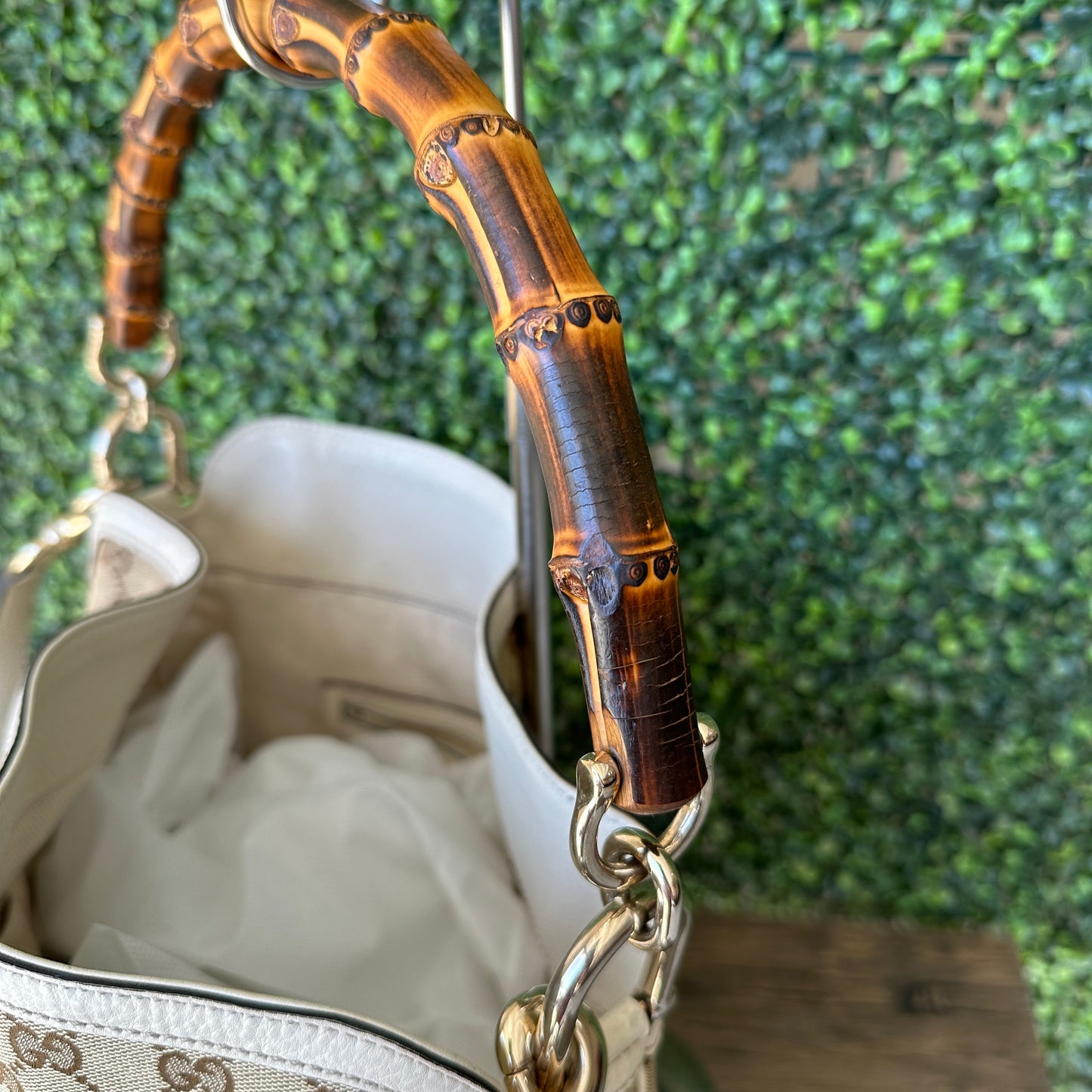 GUCCI Monogram Medium Diana Bamboo Shoulder Bag Off White with Strap