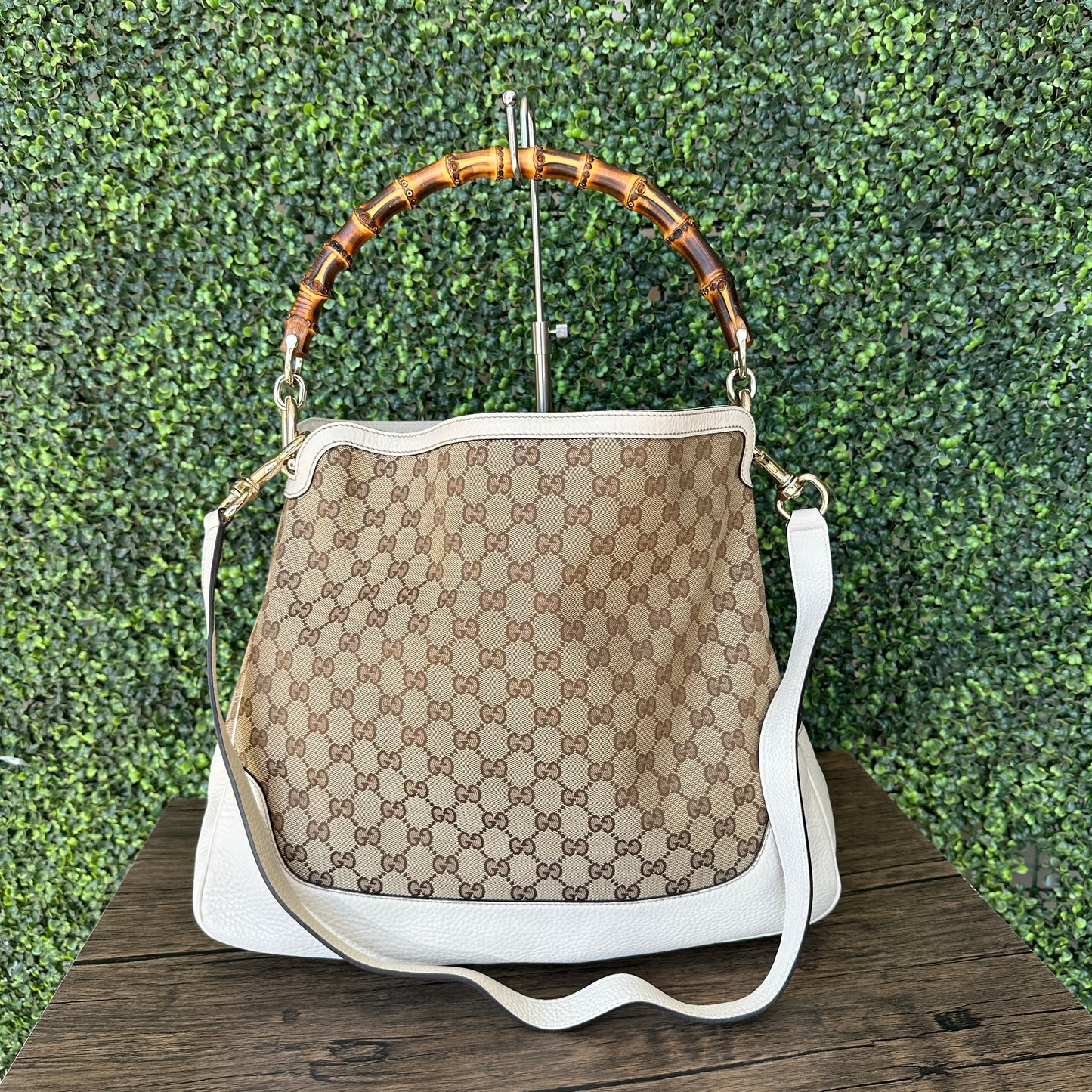 GUCCI Monogram Medium Diana Bamboo Shoulder Bag Off White with Strap