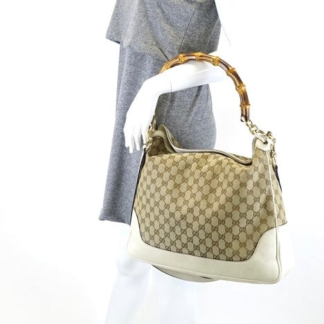 GUCCI Monogram Medium Diana Bamboo Shoulder Bag Off White with Strap