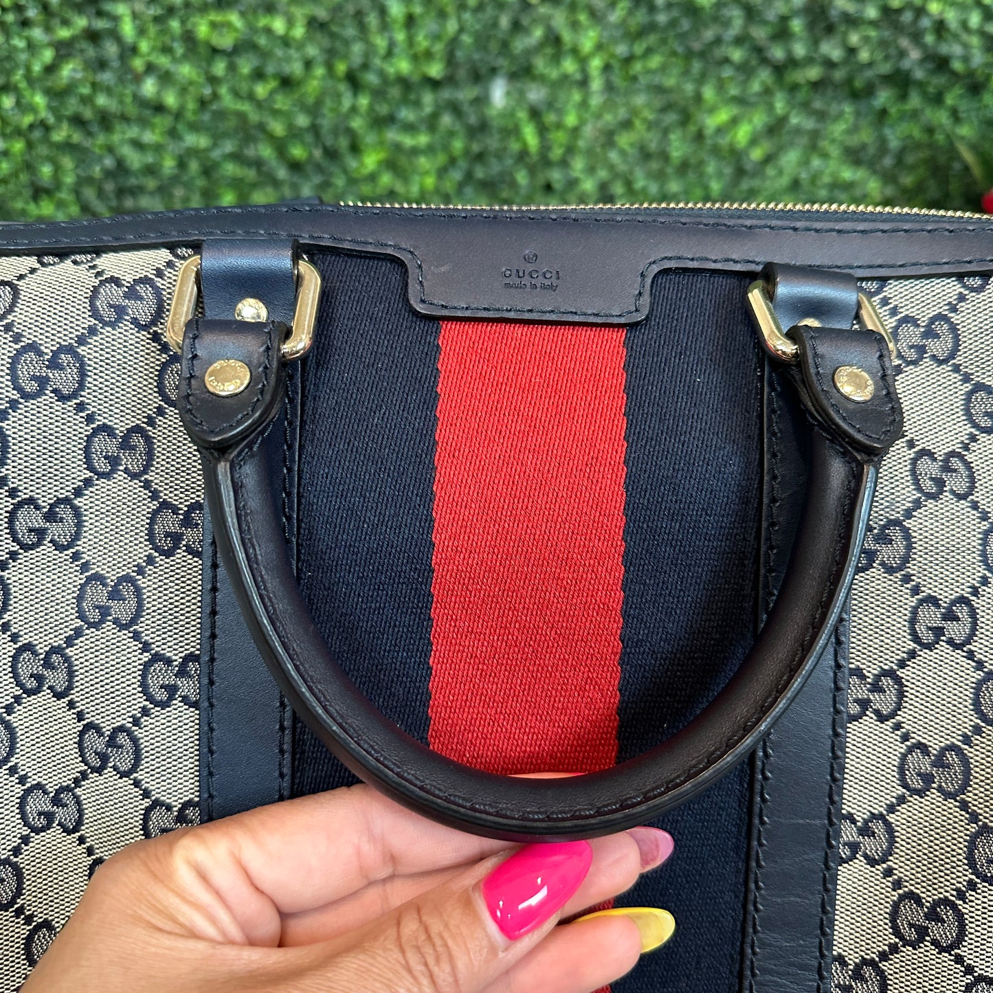 Gucci Vintage Web Medium Boston Bag in Navy Blue