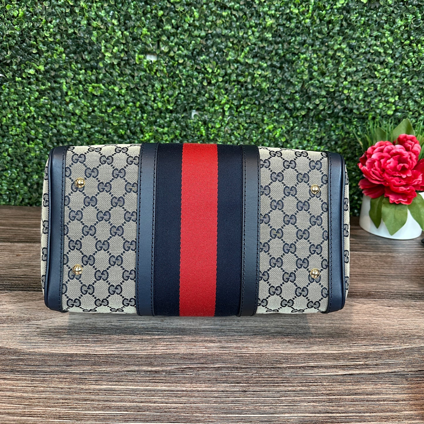 Gucci Vintage Web Medium Boston Bag in Navy Blue