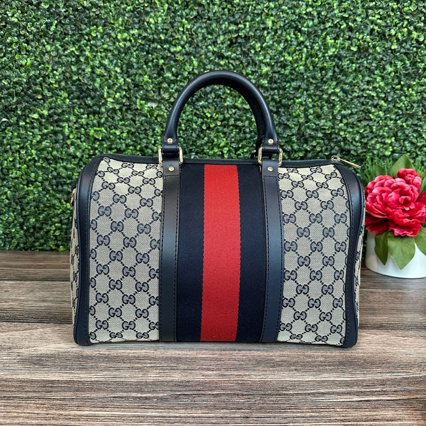 Gucci Vintage Web Medium Boston Bag in Navy Blue