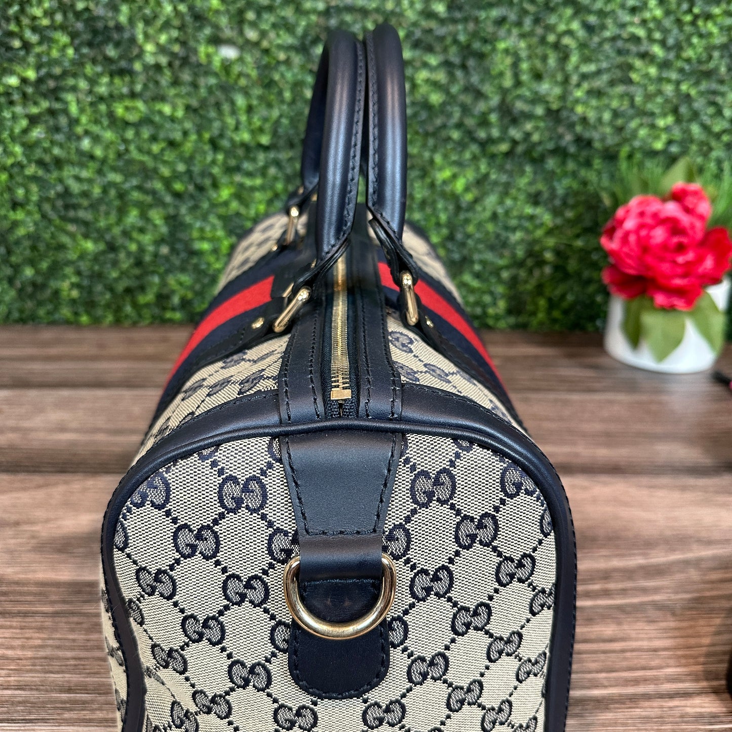 Gucci Vintage Web Medium Boston Bag in Navy Blue