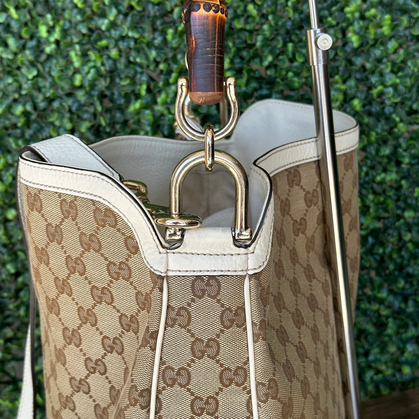 GUCCI Monogram Medium Diana Bamboo Shoulder Bag Off White with Strap