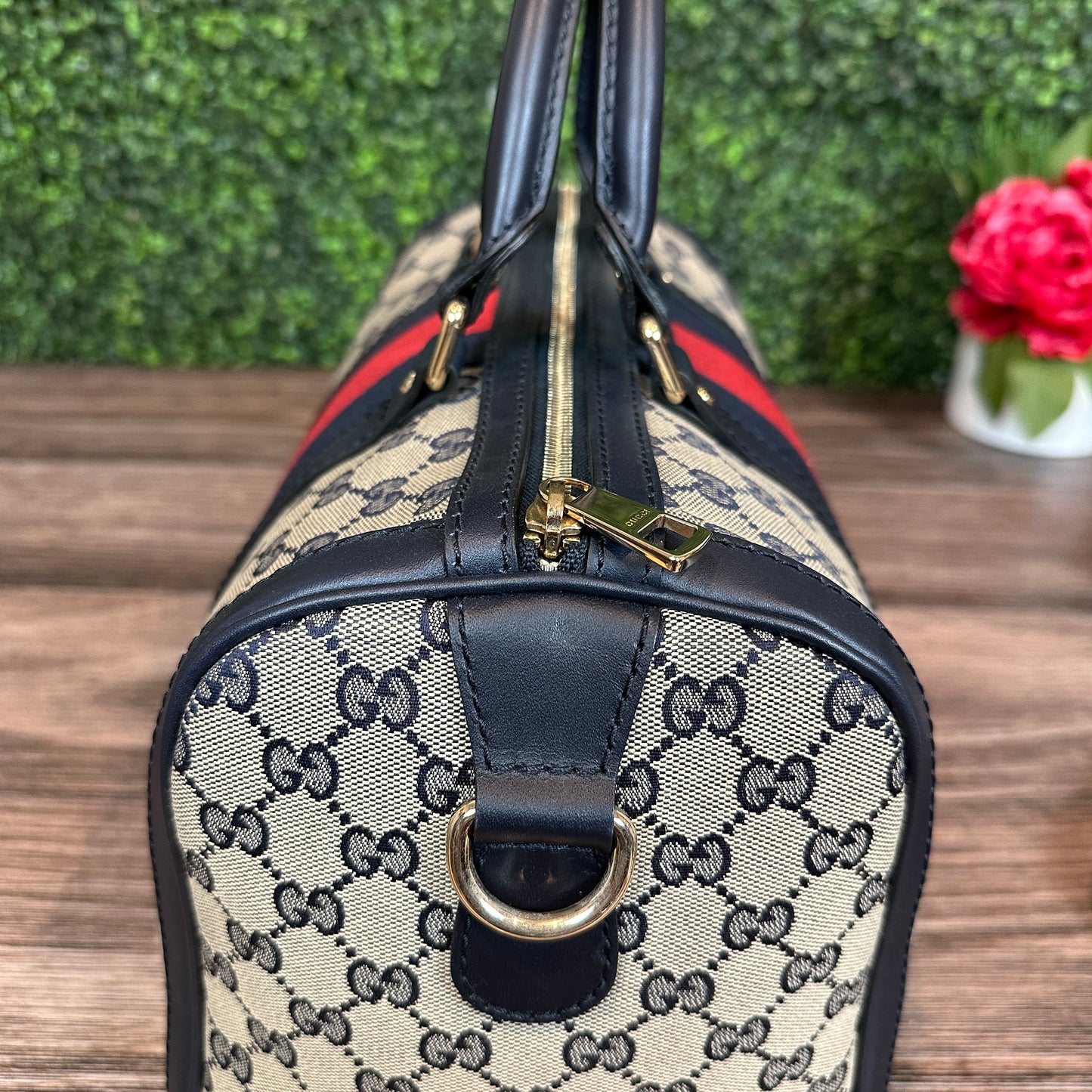 Gucci Vintage Web Medium Boston Bag in Navy Blue
