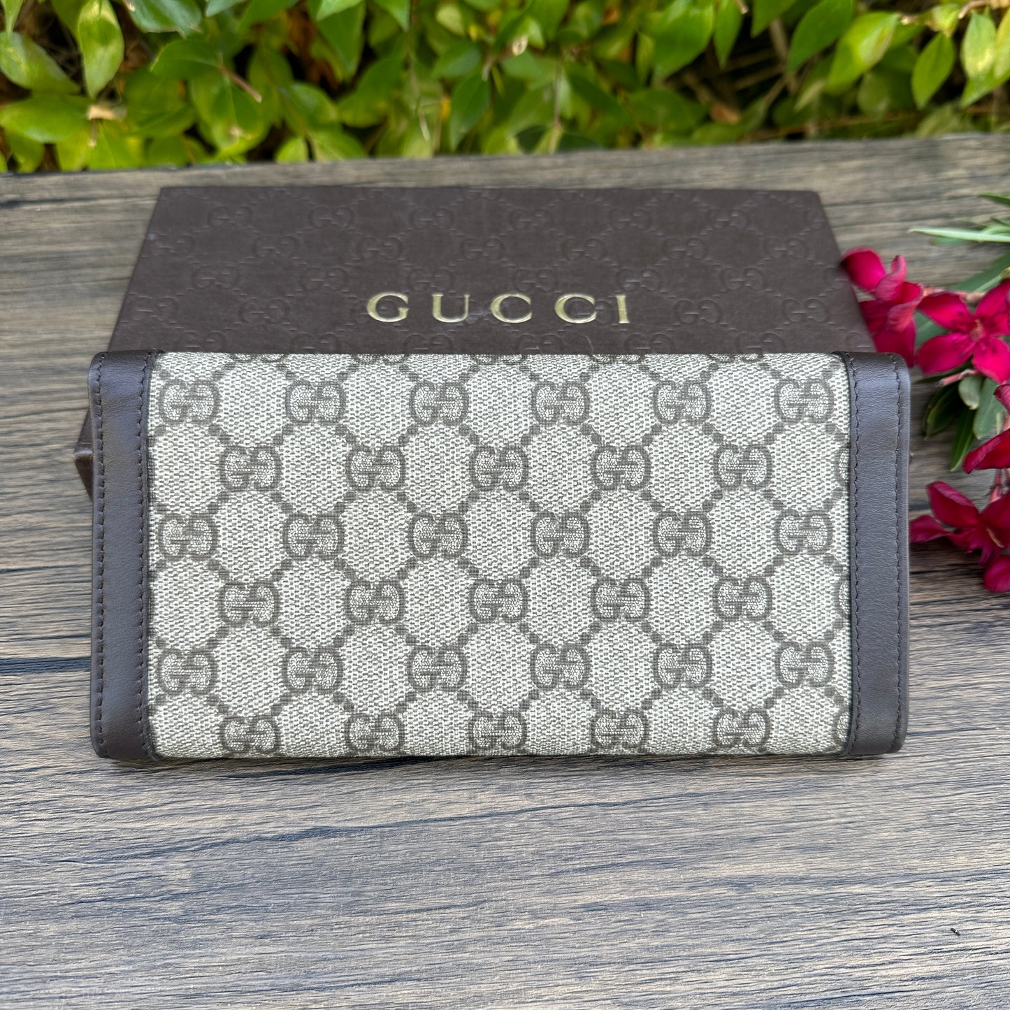 Gucci Coated Canvas Script Continental Wallet Dark Brown