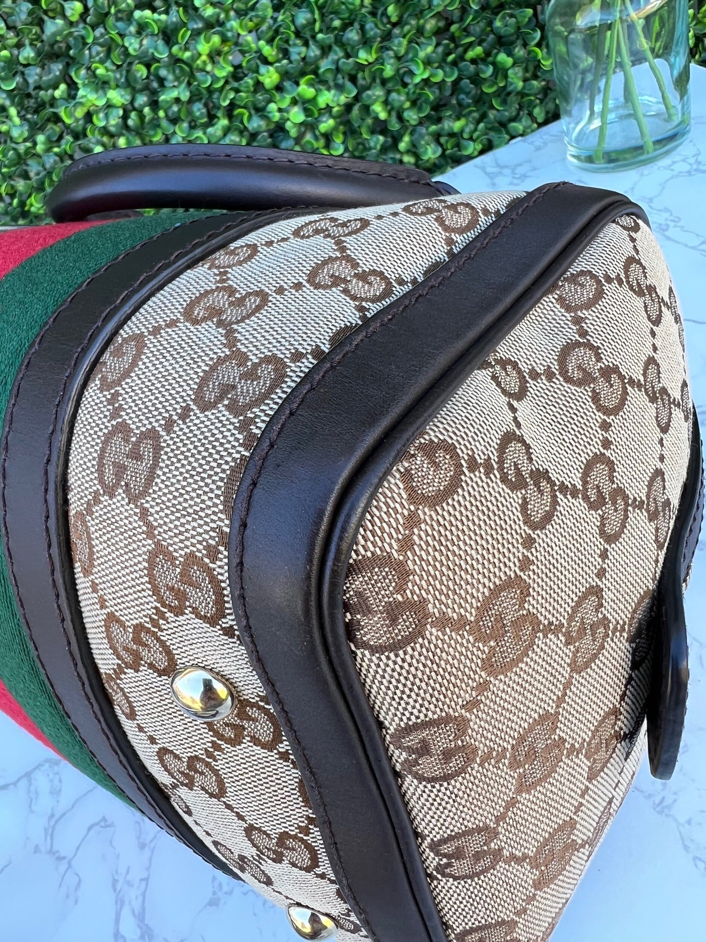 GG Small Boston Vintage Web Dark Brown with Removable Strap