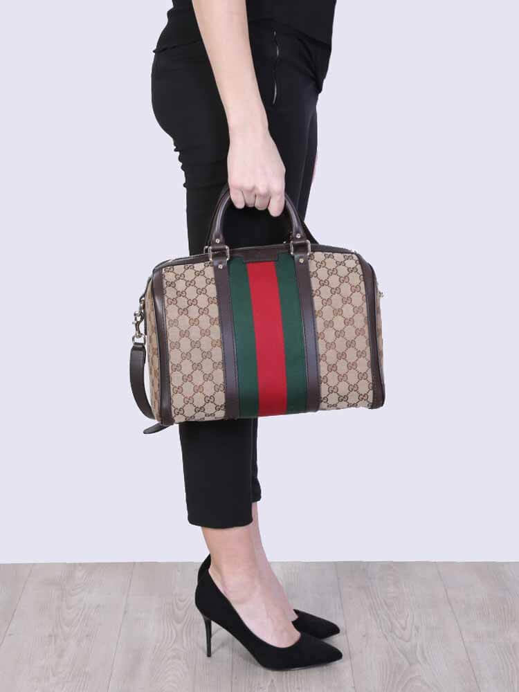 Authentic Preowned Vintage Dark Brown GG Boston Bag with Vintage Web