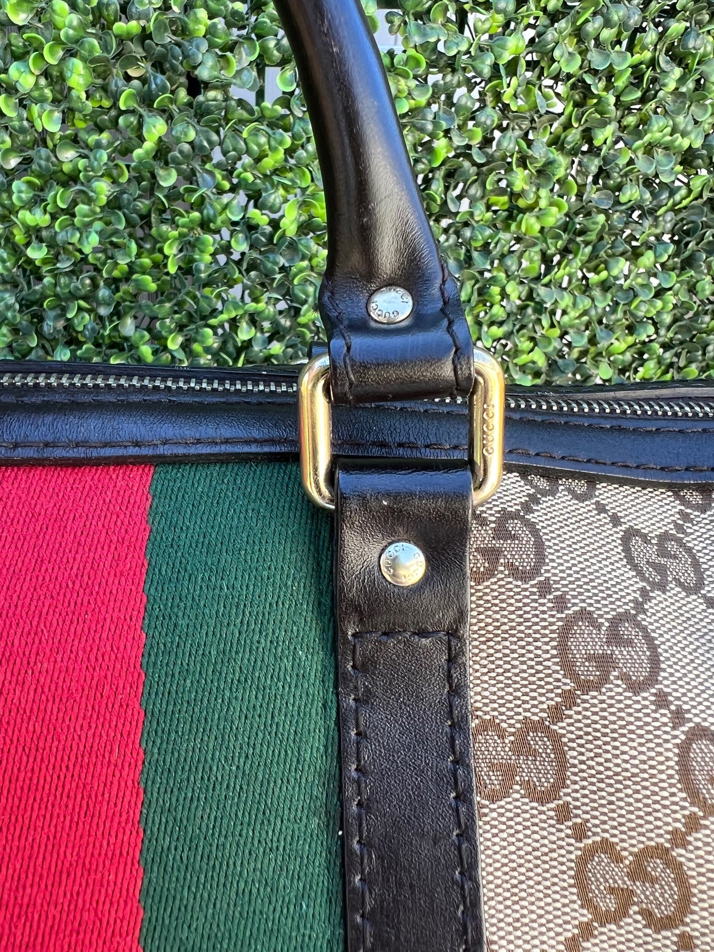 Authentic Preowned Vintage Dark Brown GG Boston Bag with Vintage Web