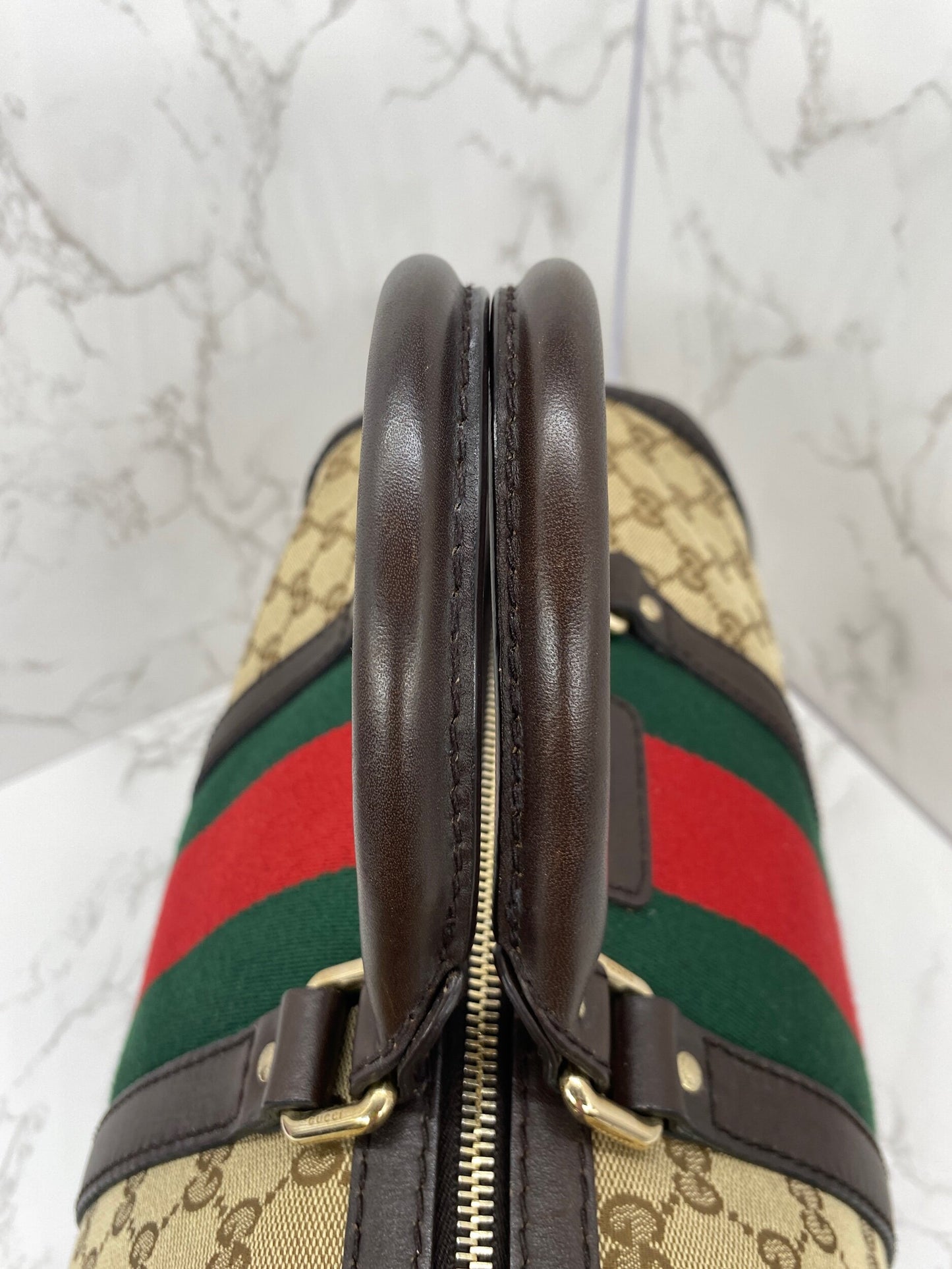 Gucci Boston Bag Medium Beige Red/Green Trim